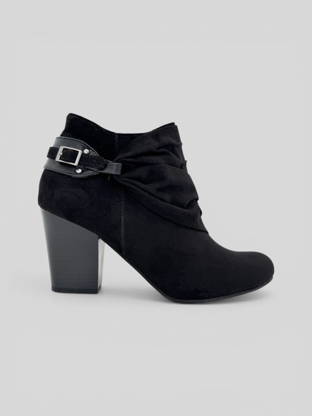 LAURA ASHLEY La Grand Ankle Bootie‎ 7.5 Black Ruched Buckle Block Heel Evening